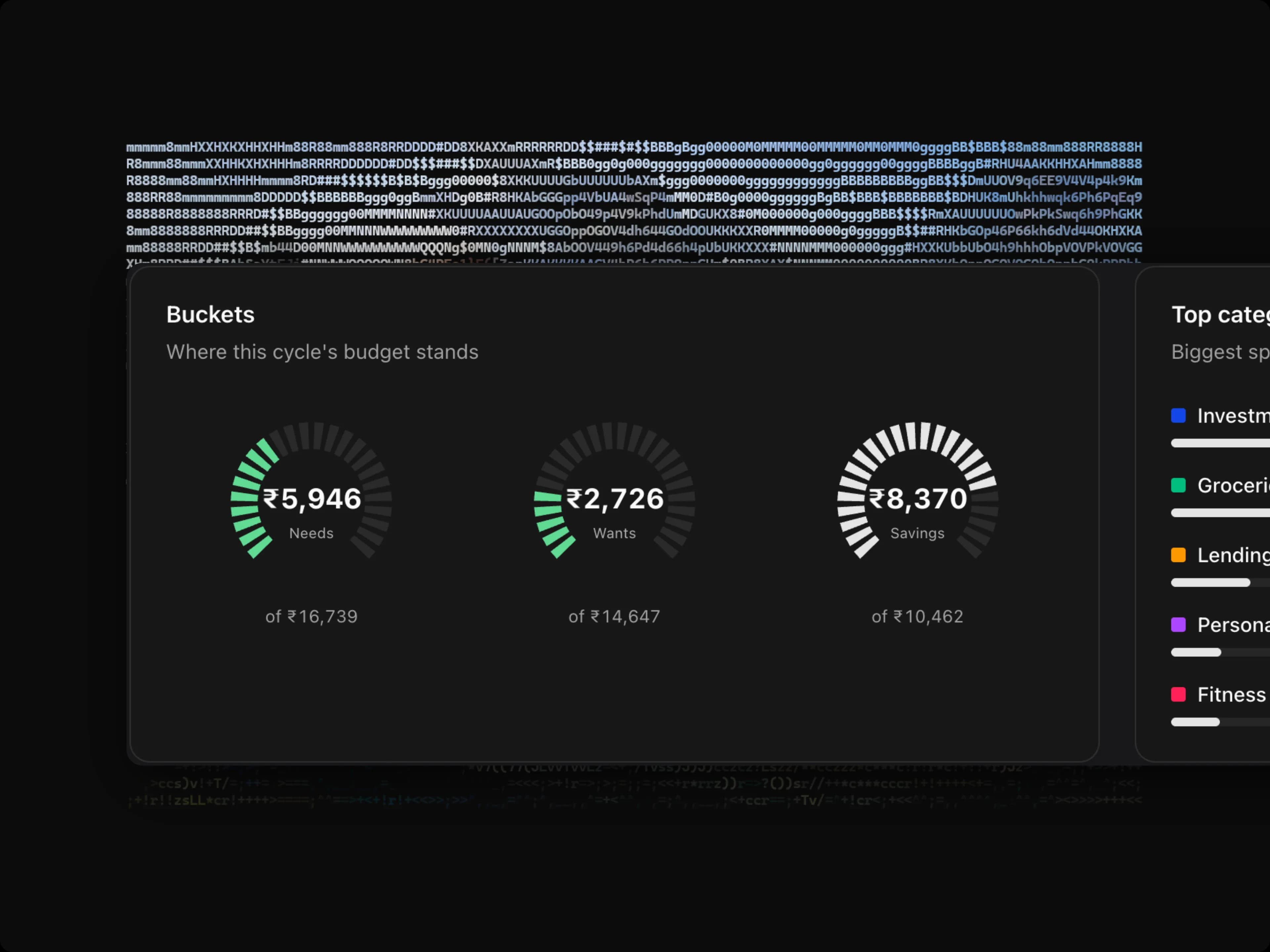 Three gauges showing Needs, Wants and Savings spending against each bucket's budget for the current cycle