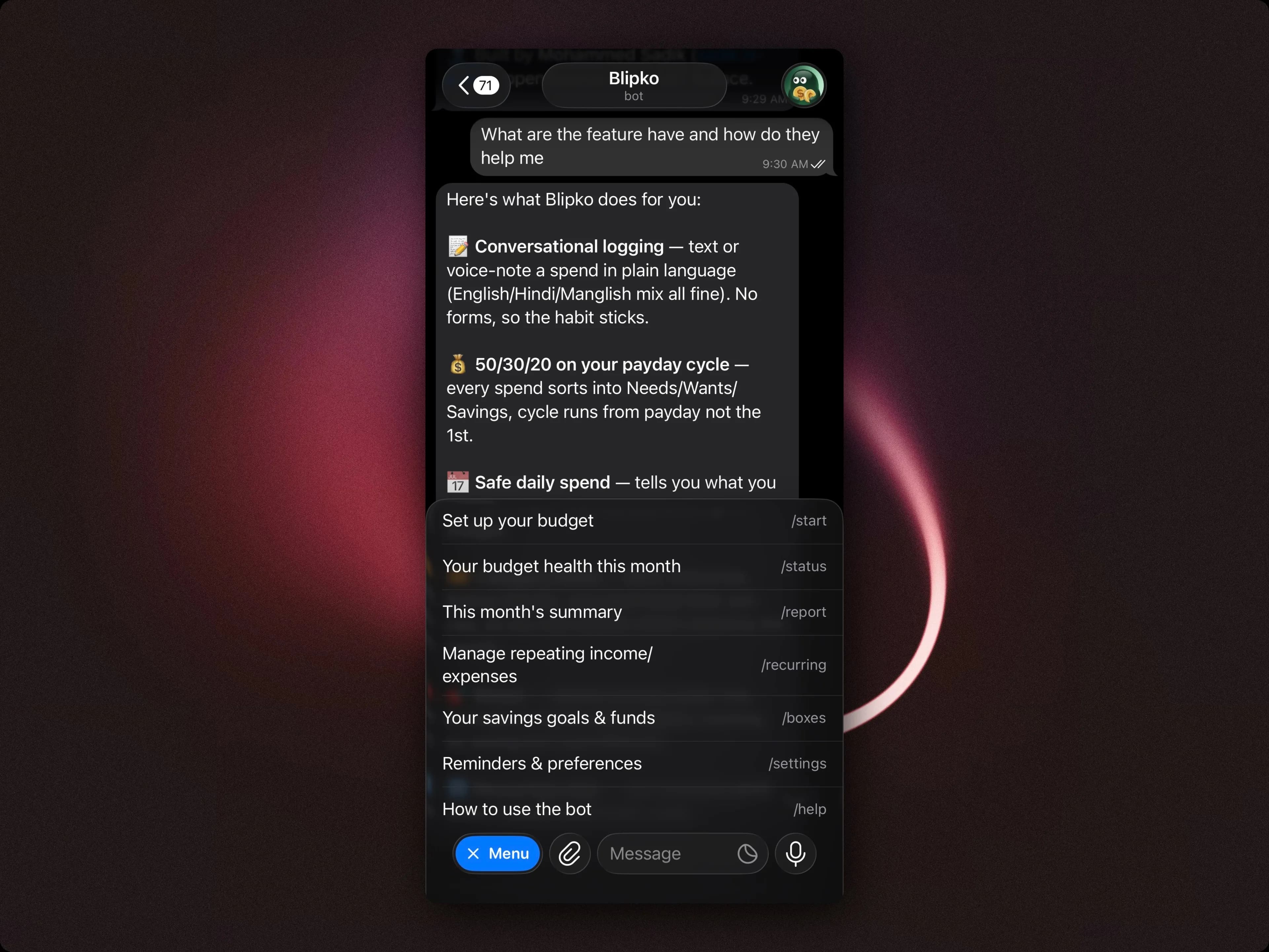 Blipko listing its own features in chat, each with a line explaining what it is for