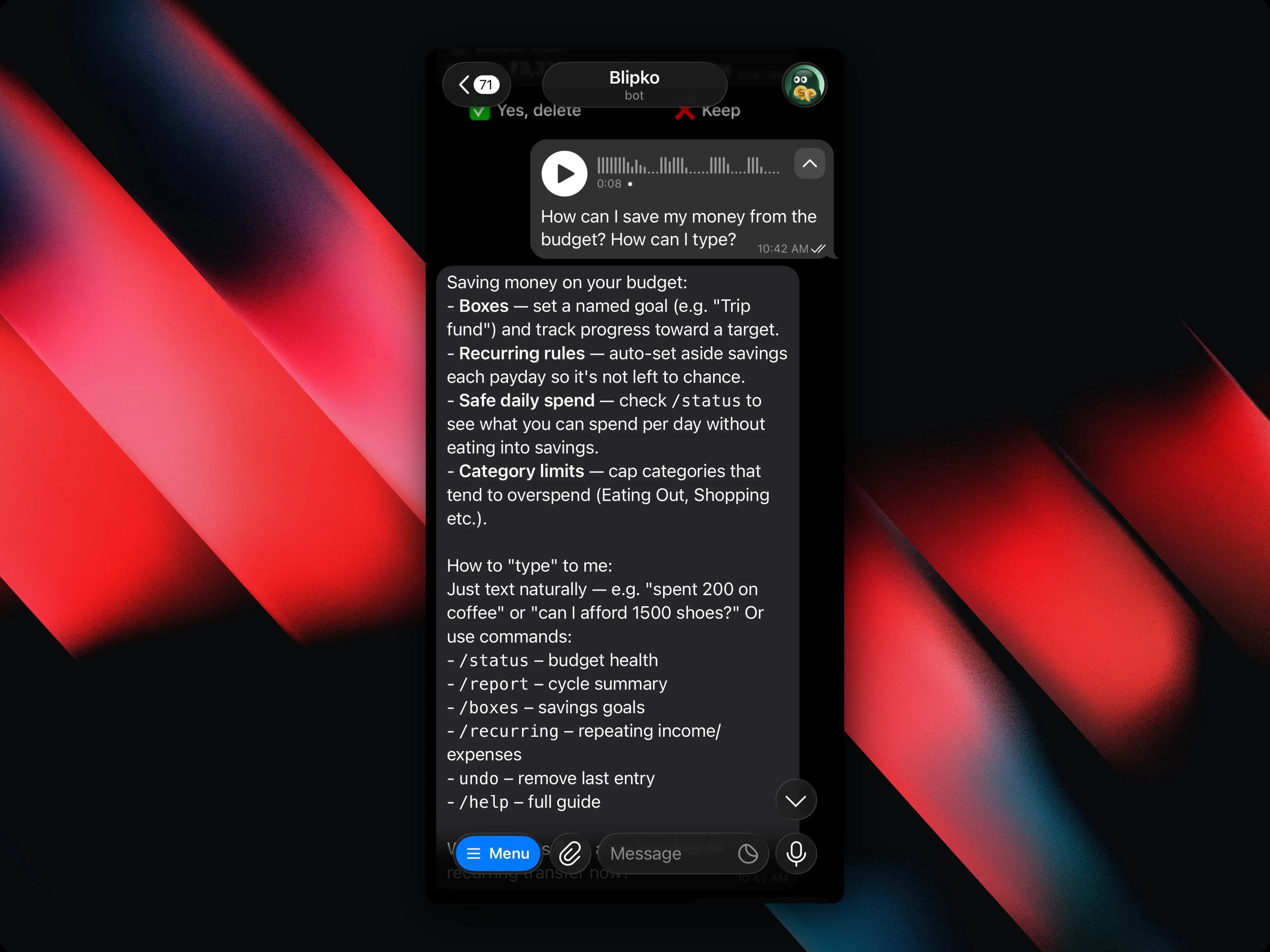 A voice note asking how to save money, answered in chat with savings options and the list of commands
