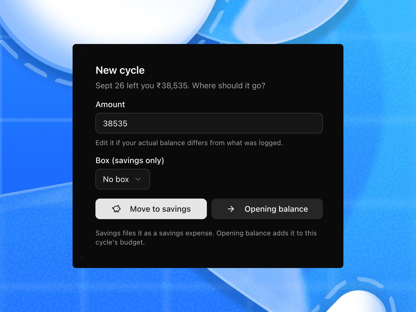 The cycle report with the carry prompt below it