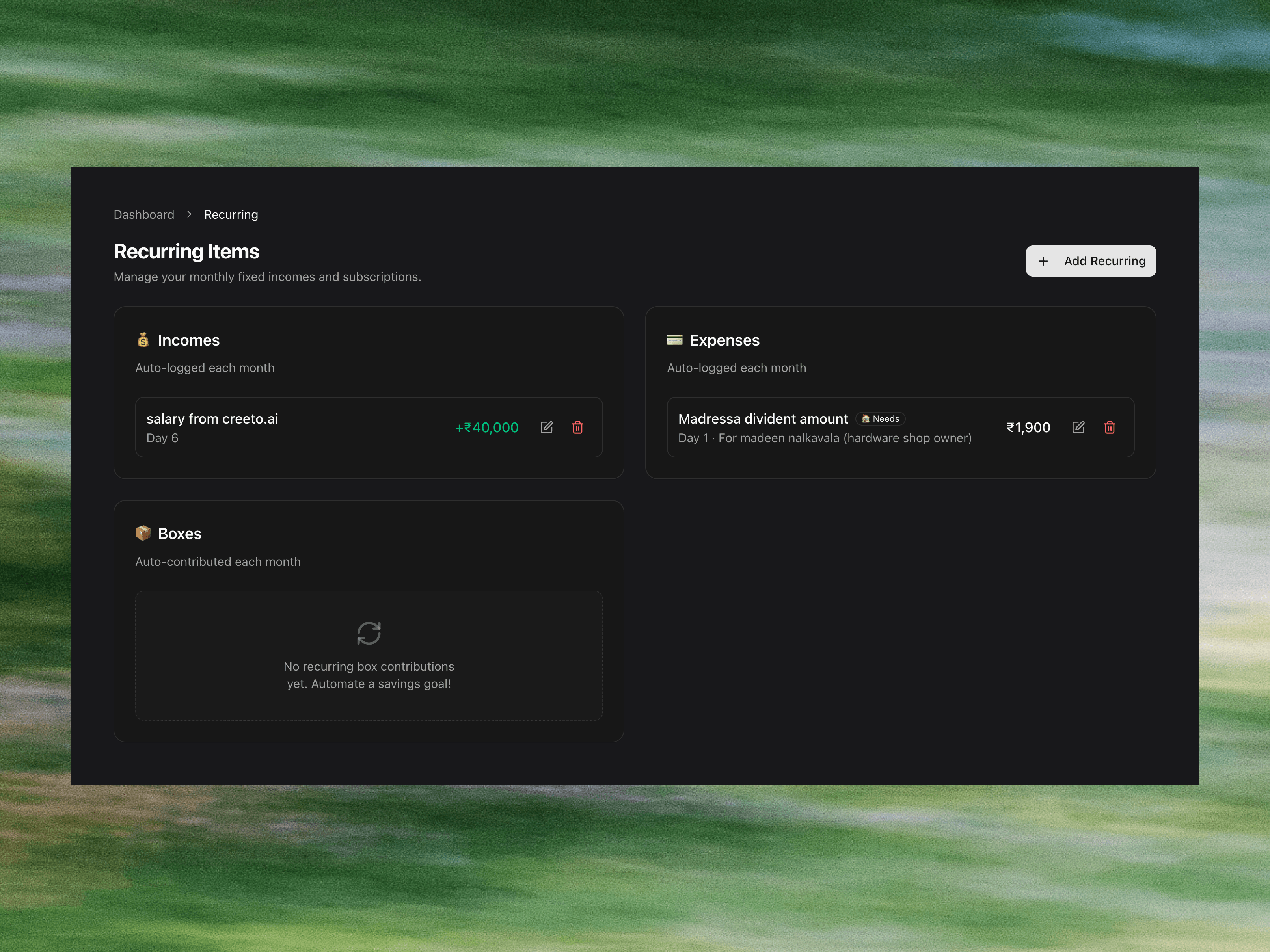 Recurring bills and income listed on the Blipko dashboard