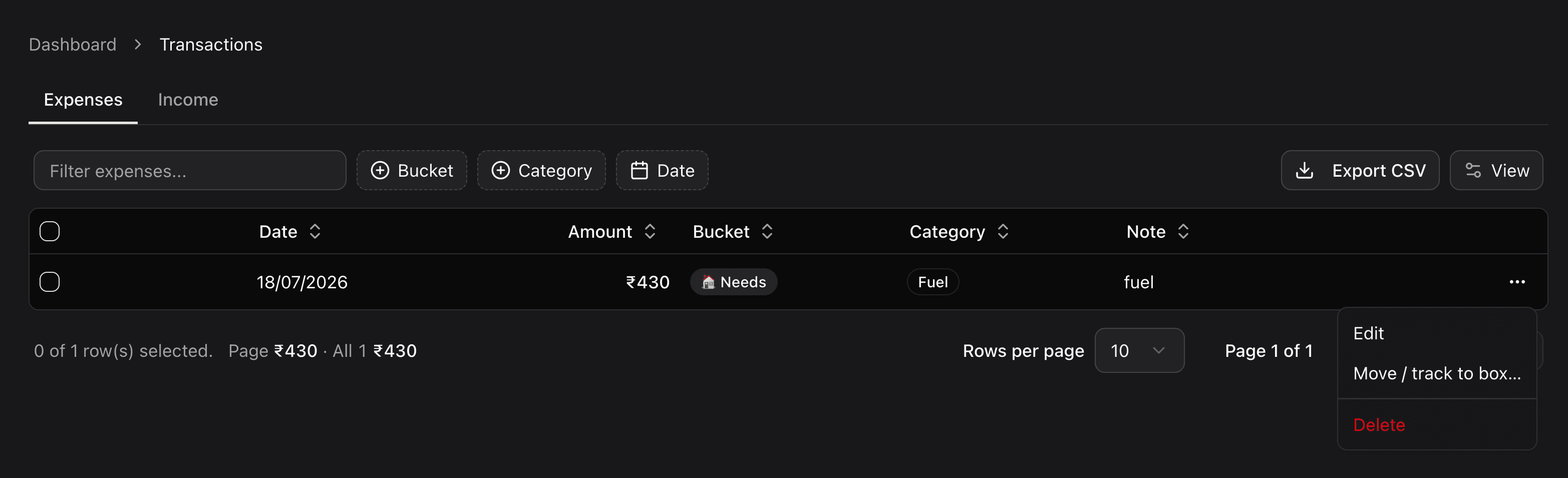 The blipko dashboard transactions page is showing the inline transaction edit and delete Feature