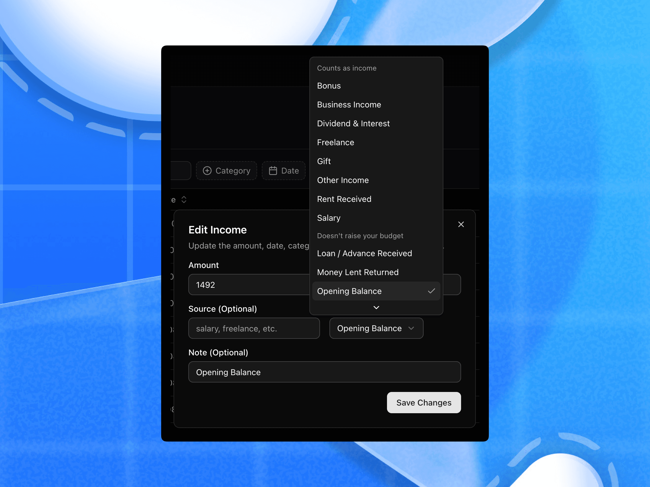 Income side edit modal with existing/predictable categories