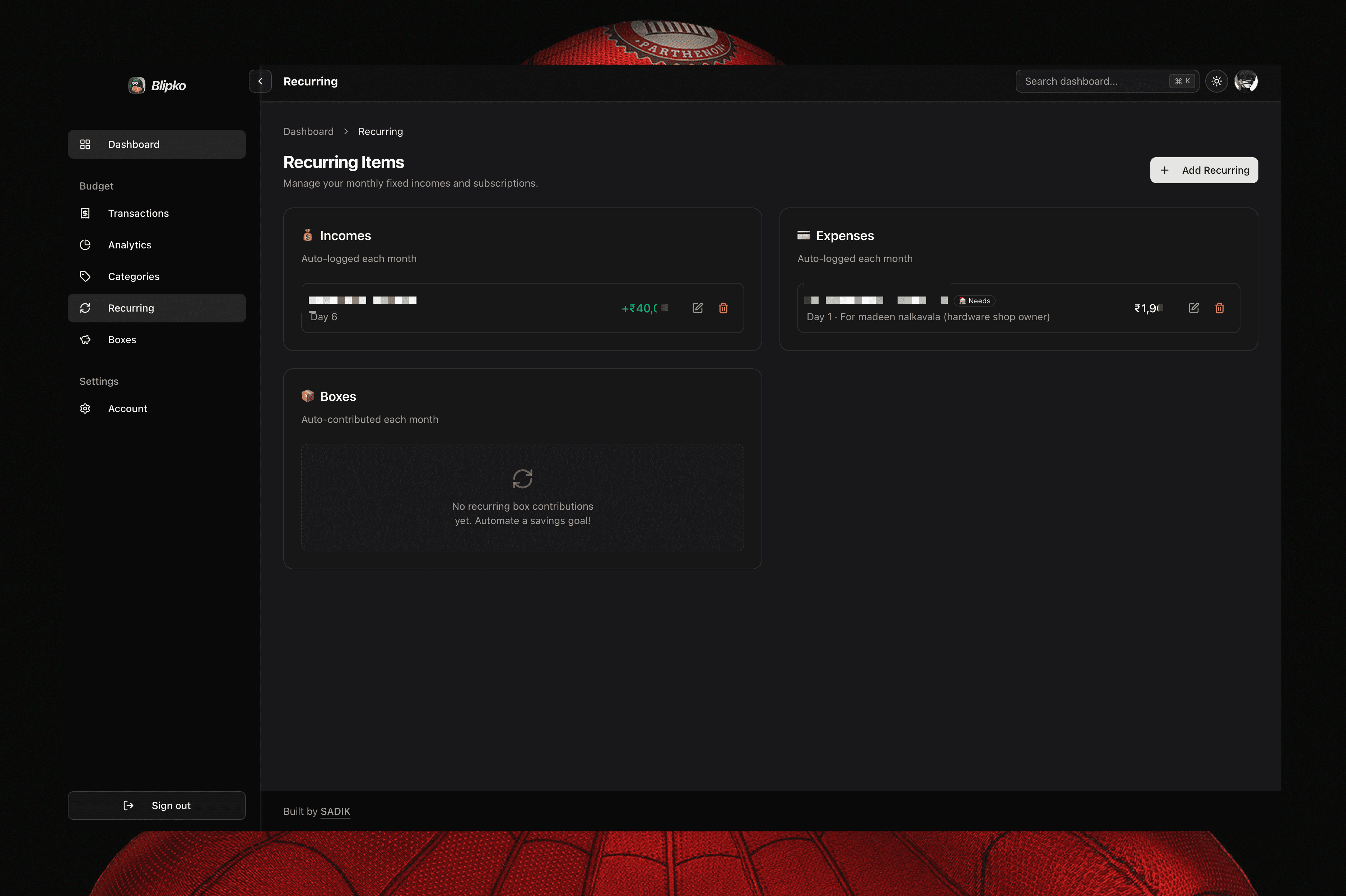 The Blipko dashboard showing bucket budgets and recent spending