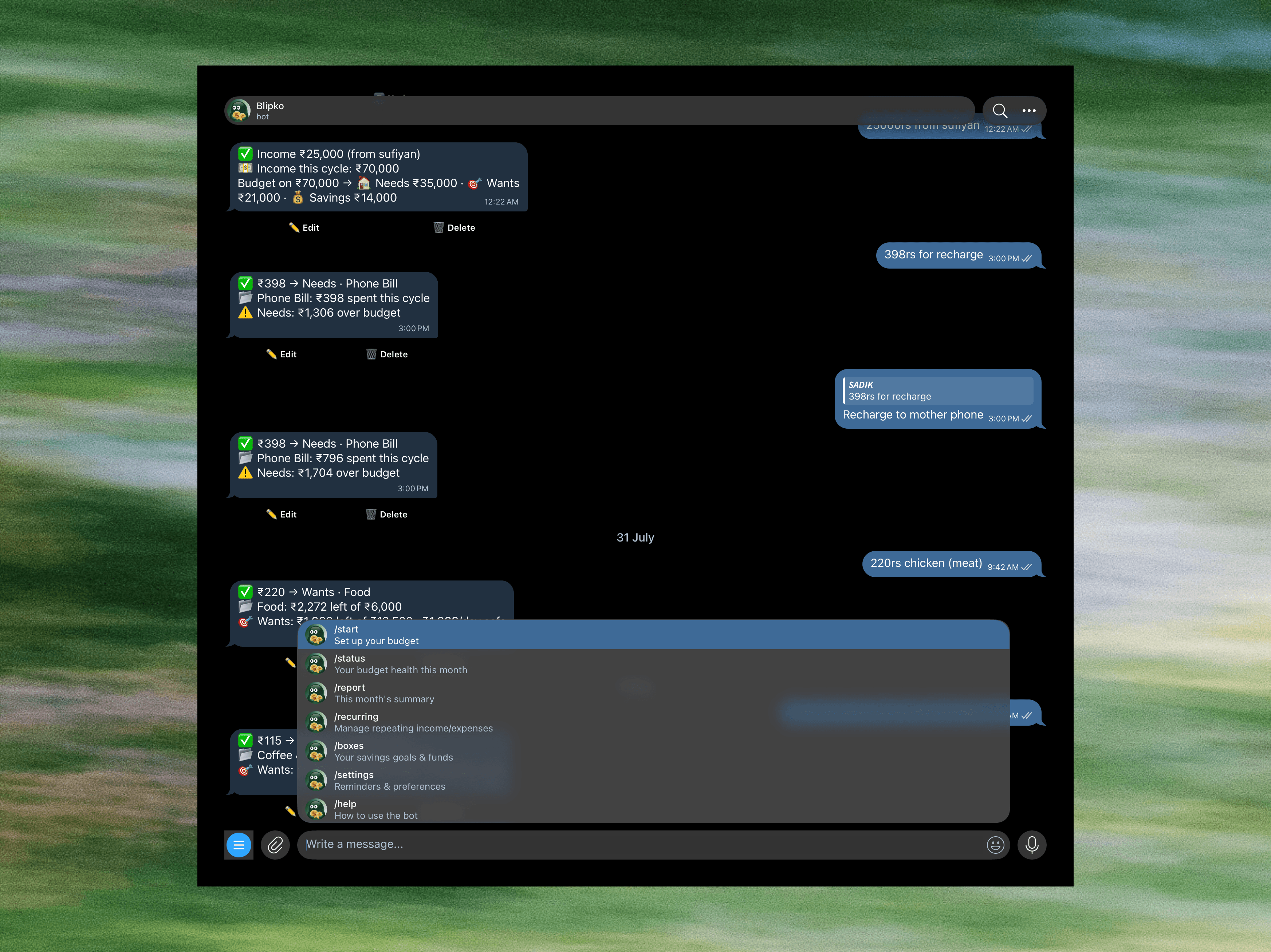 Blipko replying to bot commands inside a Telegram chat