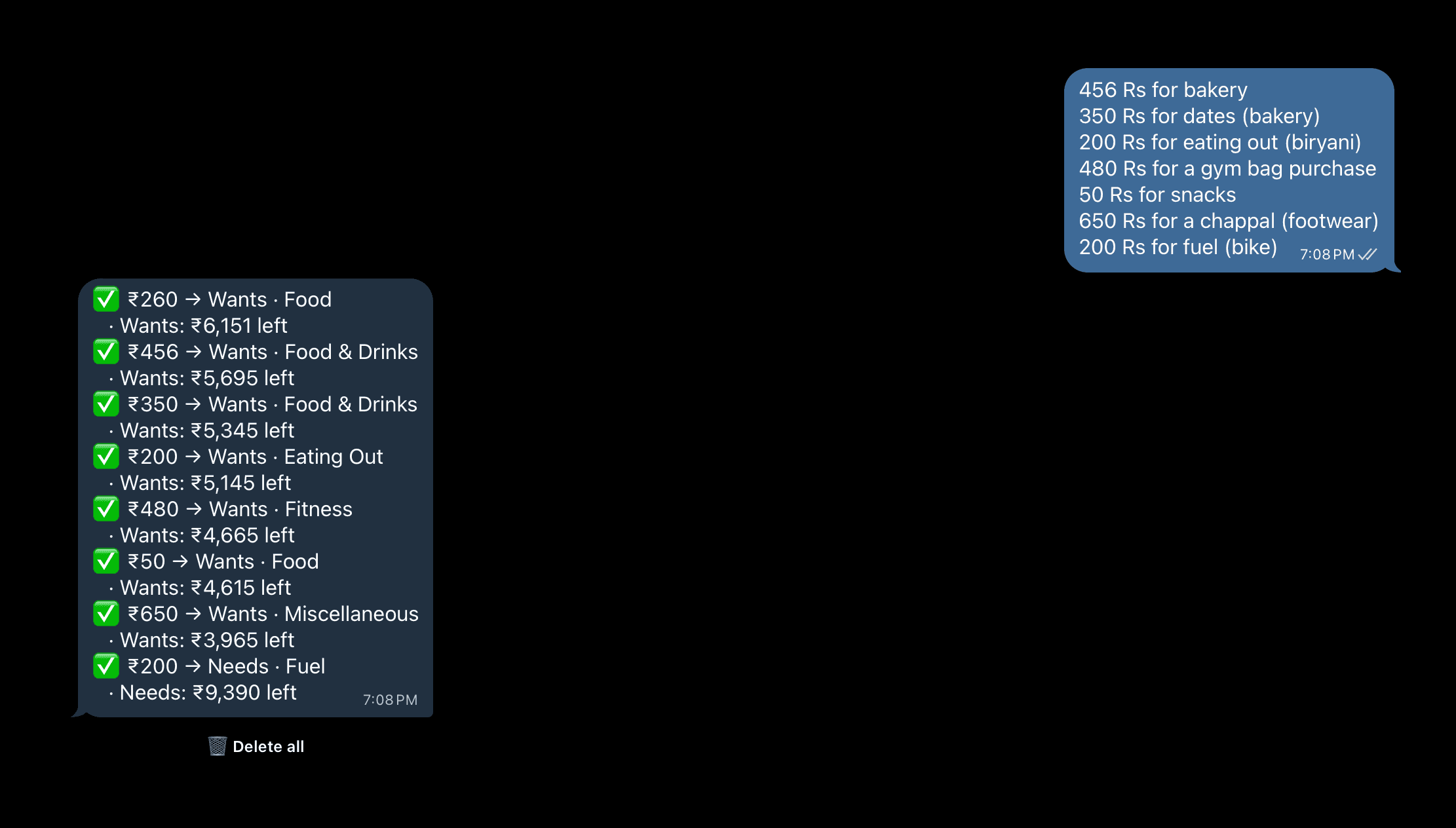 The Blipko telegram is showing the several transactions in on message