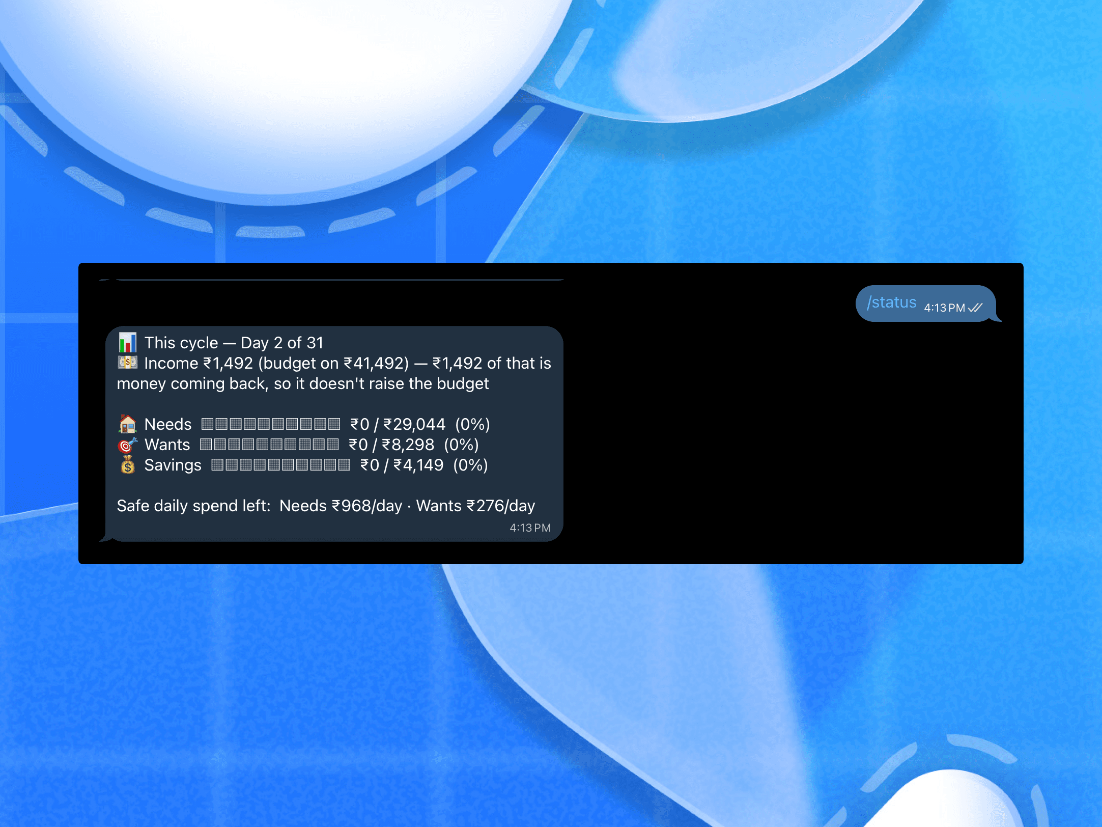 Telegram /status reply showing the income basis line