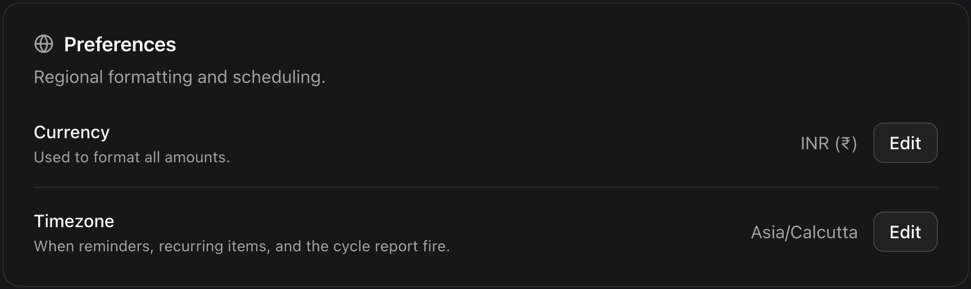 Account settings, organised into sections with modal editing